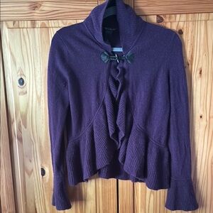 Purple Ellen Solano Cardigan Sweater with Ruffled Front and Tie Closure